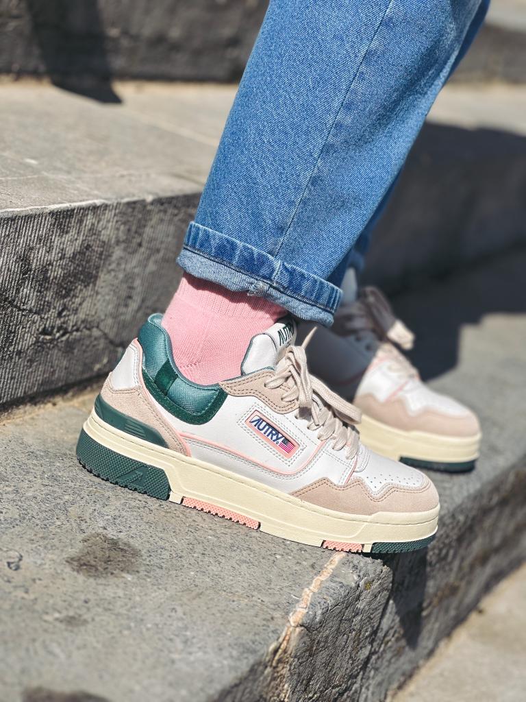 Baskets Low Cuir Blanc Vert Rose AUTRY