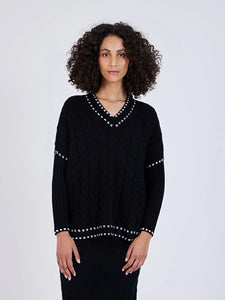 Pull Poncho Cachemire Noir/Écru Torsadé NOT SHY