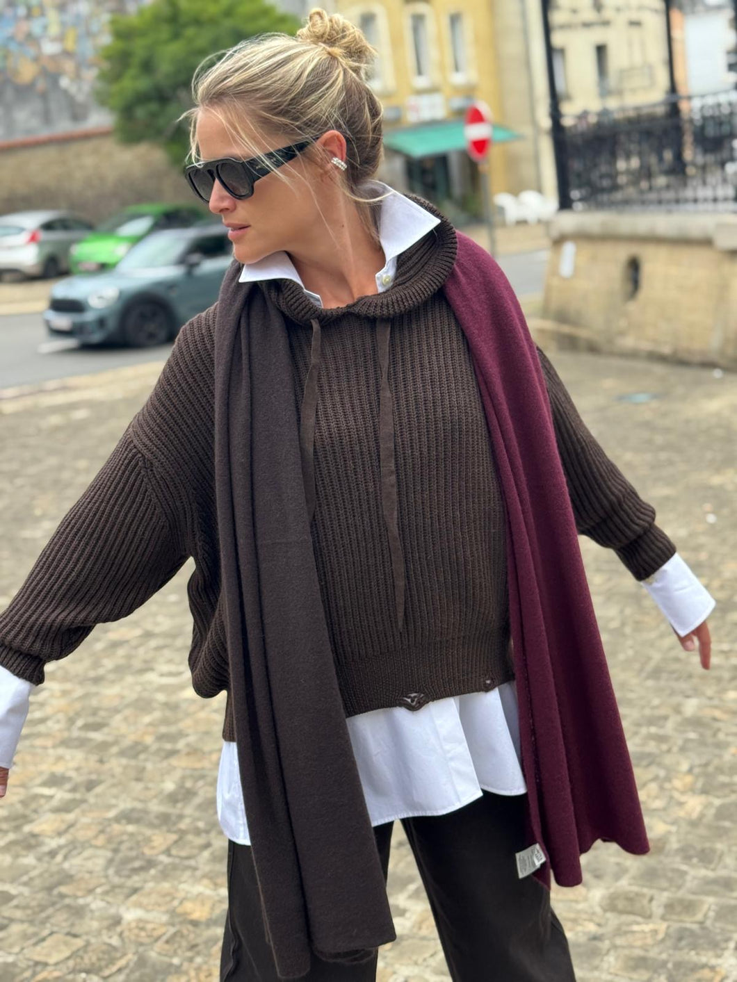 WHITE+WARREN Echarpe Cachemire Bicolore Bordeaux/Marron