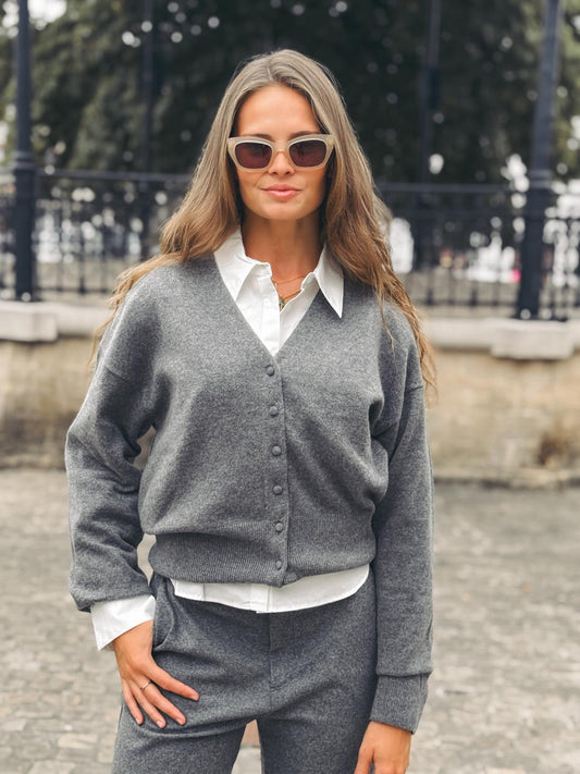 WHITE+WARREN Cashmere Deep V Cardigan Graphite Heather