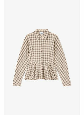 GANNI Chemise Péplum Flanelle à Carreaux Oyster Gray