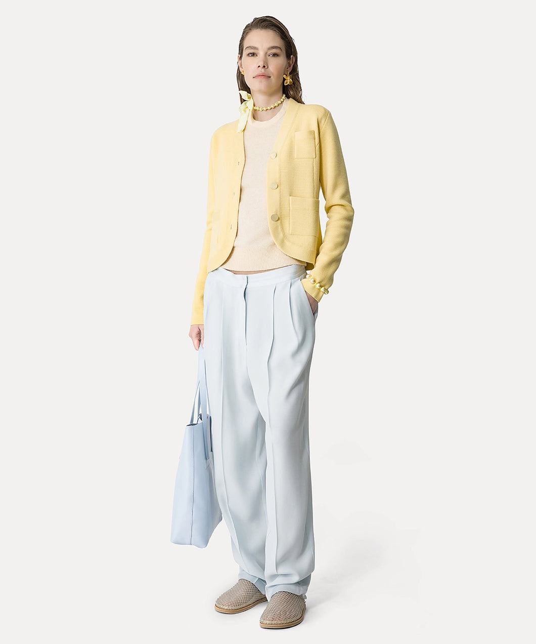 FORTE_FORTE Pantalon Baggy en Satin Bleu Ciel