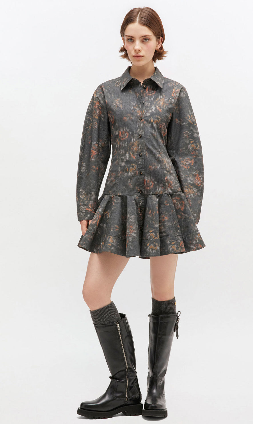 GANNI Robe Chemise Noire à Fleurs