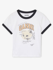 GANNI T-Shirt Court Blanc Imprimé Chat