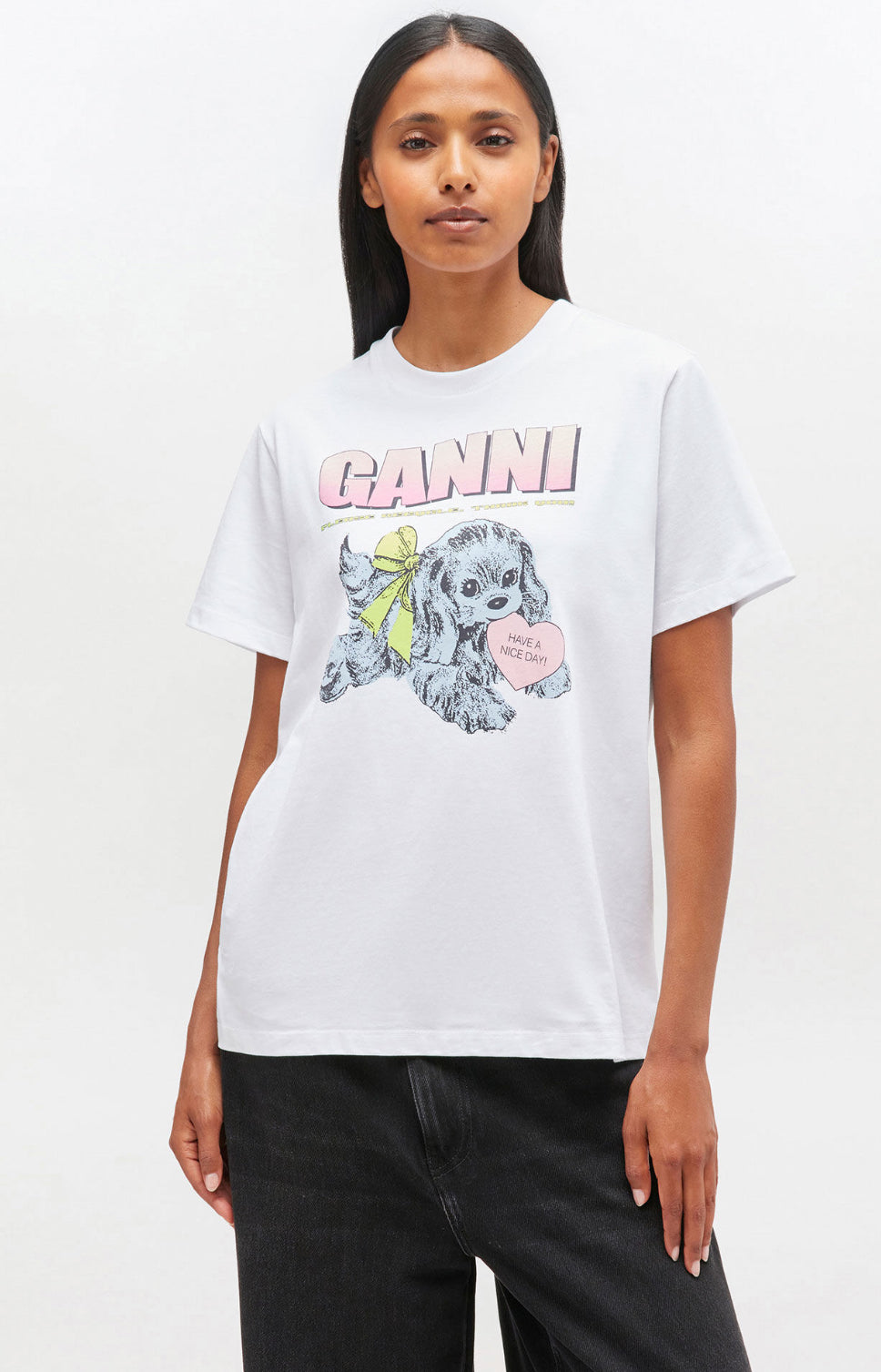 GANNI T-Shirt Blanc Imprimé Chiot