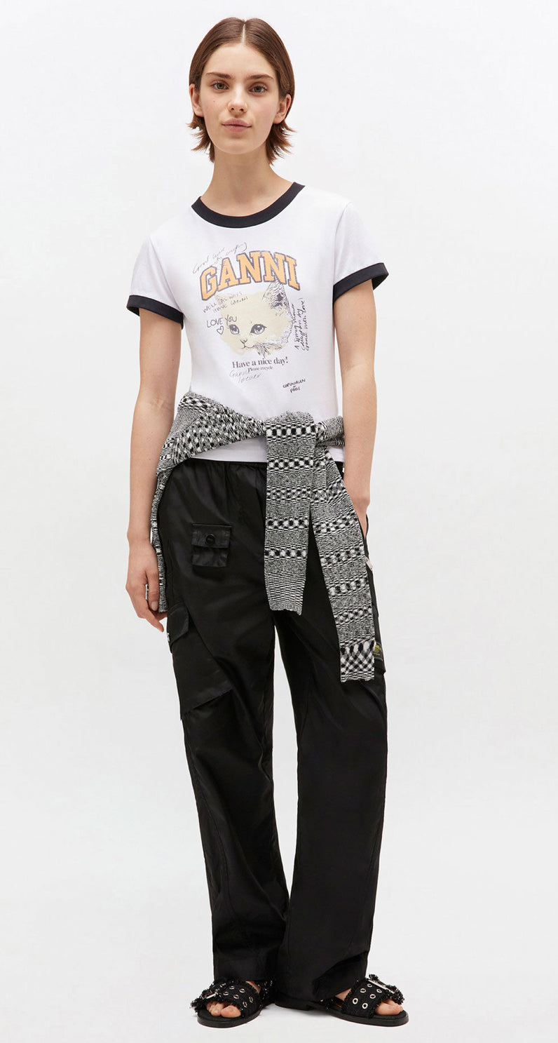 GANNI T-Shirt Court Blanc Imprimé Chat