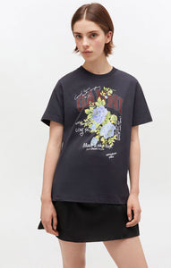 GANNI T-Shirt Noir Imprimé Rose