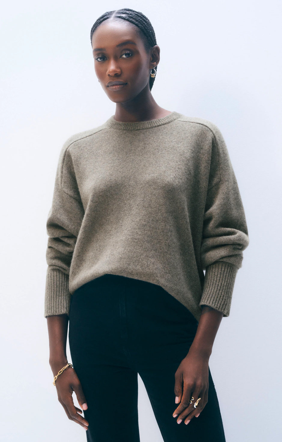 WHITE+WARREN Pull Ras du Cou en Cachemire à Manches Raglan Beige Cendré