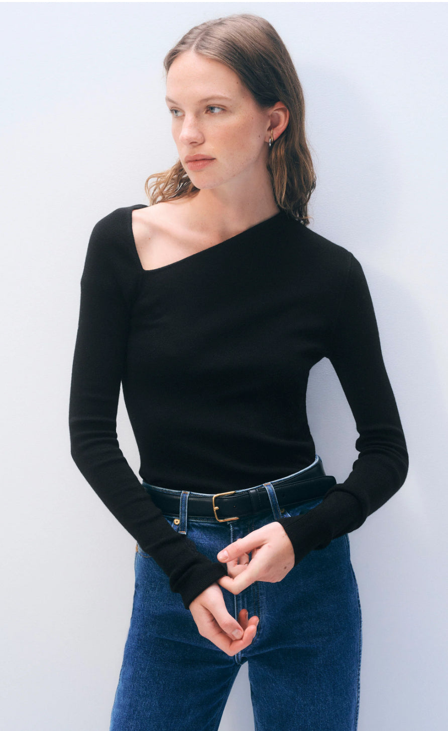 WHITE+WARREN Haut Asymétrique en Mérinos Extra-Fin Noir