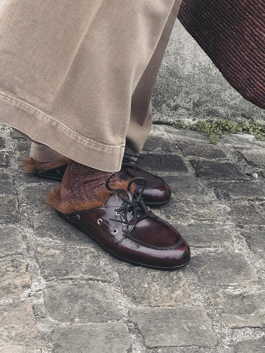 POSA Mules Boat Loafer Fourrure Burgundy